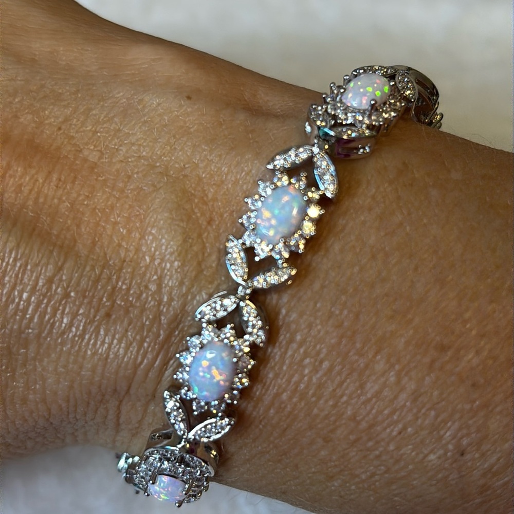 AAA CZ & Lab Created Opal 18k White Gold Filled 8” Bracelet